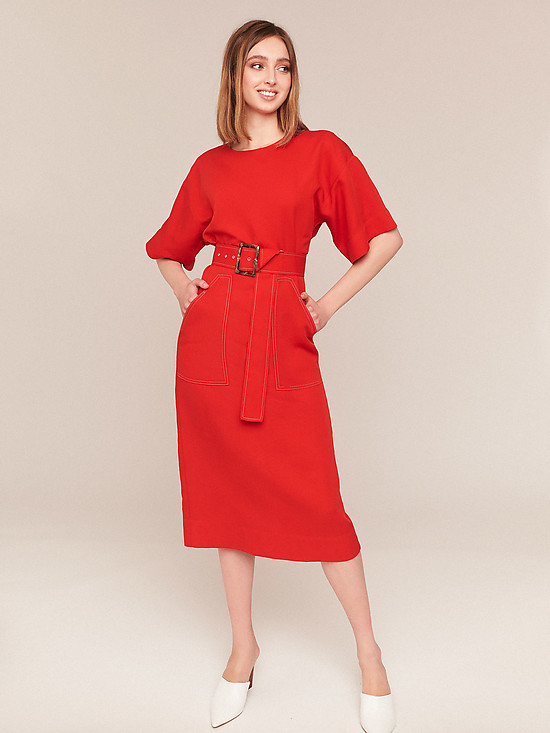 Красное льняное платье прямого кроя с поясом  Calista