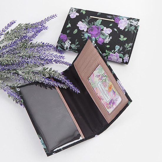 Черная обложка для паспорта из мягкой кожи с цветочным принтом  Alessandro Beato
