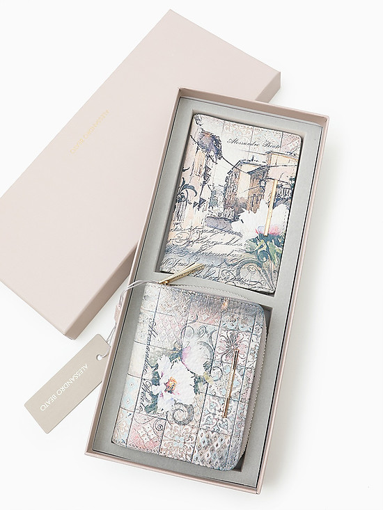 Подарочный набор из кошелька и обложки из натуральной кожи с романтичным принтом  Alessandro Beato