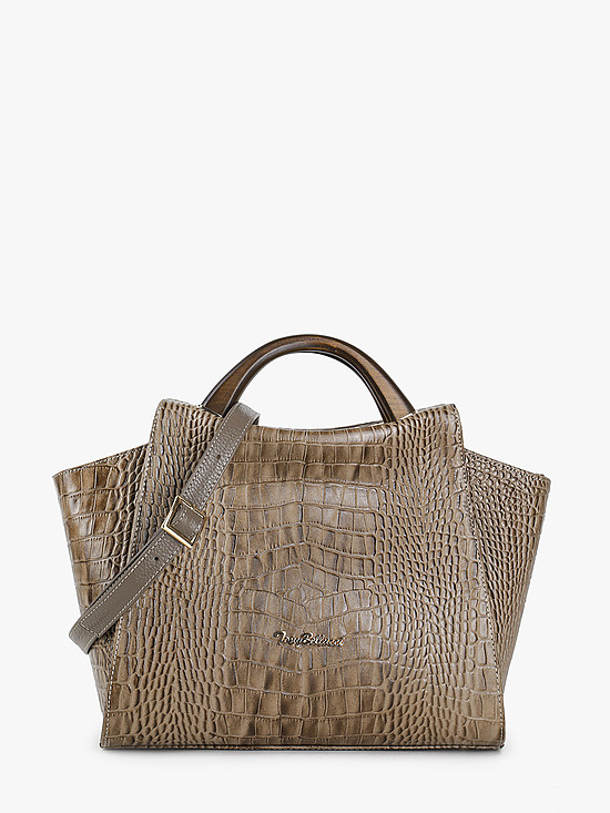Коричнево-бежевая сумка-тоут из кожи под крокодила с деревянными ручками  Tony Bellucci