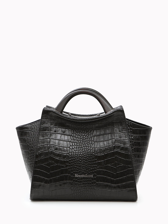 Черная сумка-тоут из кожи под крокодила с деревянными ручками  Vanessa Scani