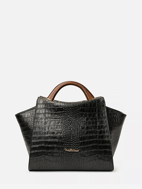 Черная сумка-тоут из кожи под крокодила с деревянными ручками  Tony Bellucci