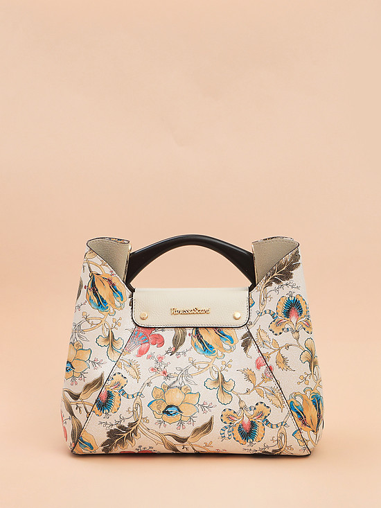 Белая кожаная сумка с деревянной ручкой и цветочным принтом  Vanessa Scani