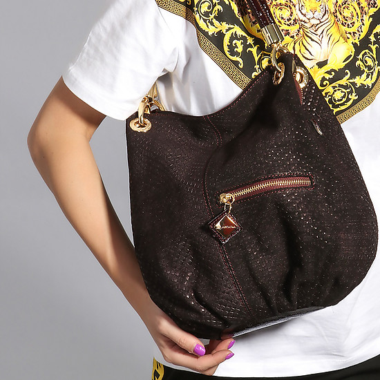 Женственная коричневая сумка-мешок из замши с лазерной обработкой  Arcadia