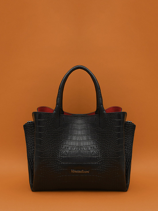Черная сумка-тоут из кожи с тиснением под кожу крокодила  Vanessa Scani
