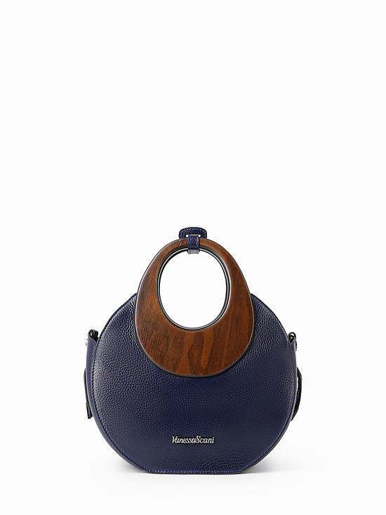 Небольшая круглая сумка-тоут из синей кожи с круглыми деревянными ручками  Vanessa Scani
