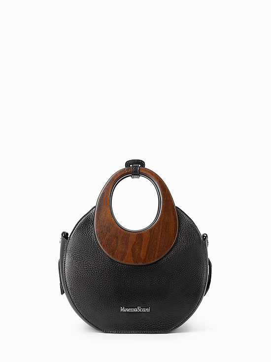 Небольшая круглая сумка-тоут из черной кожи с круглыми деревянными ручками  Vanessa Scani