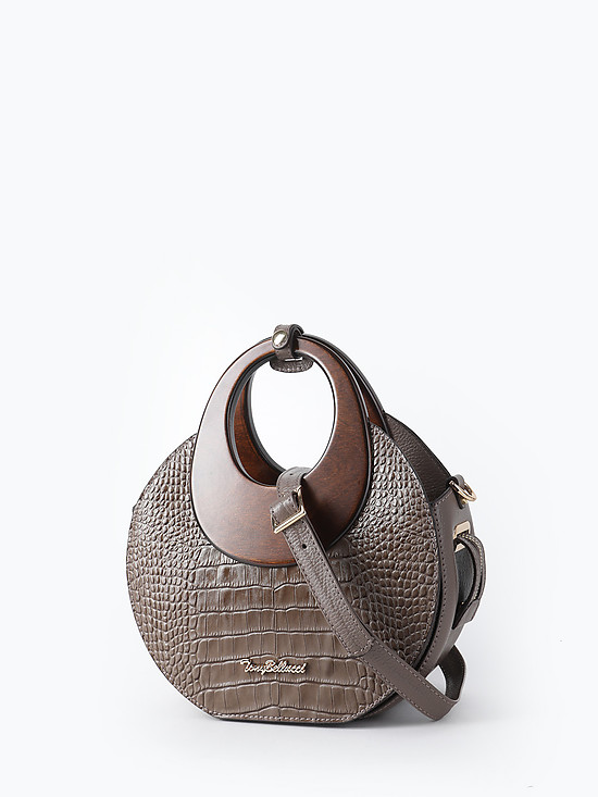 Небольшая круглая сумка-тоут из серо-бежевой кожи под крокодила с круглыми деревянными ручками  Tony Bellucci
