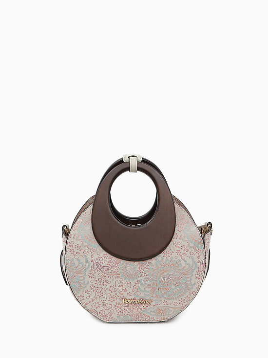 Небольшая круглая сумка-тоут из кожи с принтом в розовых тонах с круглыми деревянными ручками  Vanessa Scani