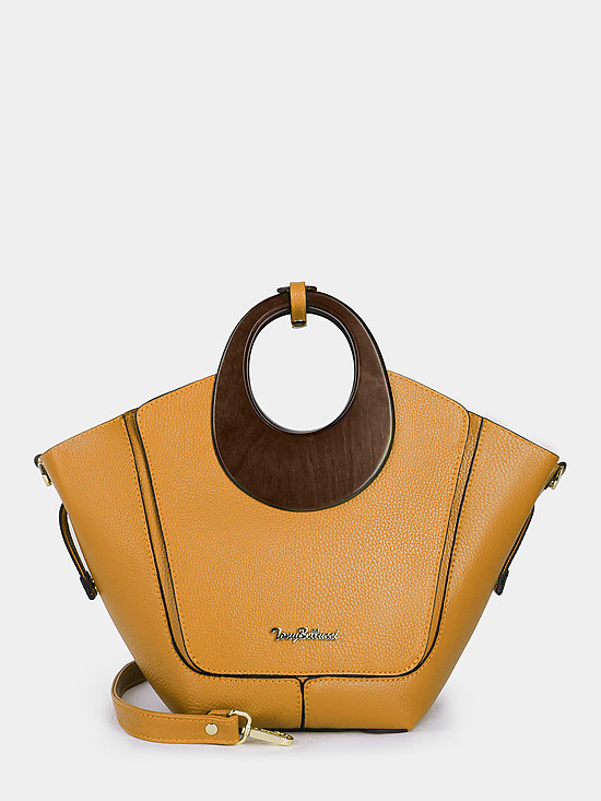 Горчично-желтая кожаная сумка-тоут с круглыми деревянными ручками  Tony Bellucci