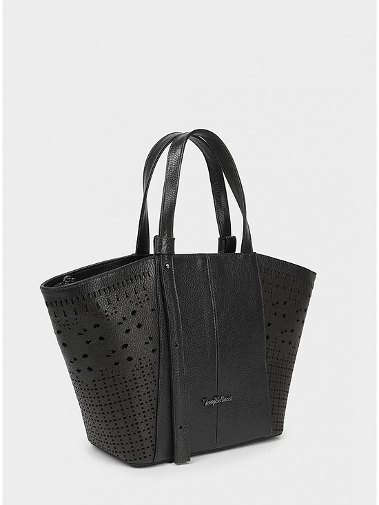 Черная сумка-тоут - трапеция из кожи с декоративной перфорацией  Tony Bellucci