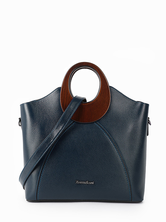 Синяя кожаная сумка-тоут с круглыми деревянными ручками  Vanessa Scani