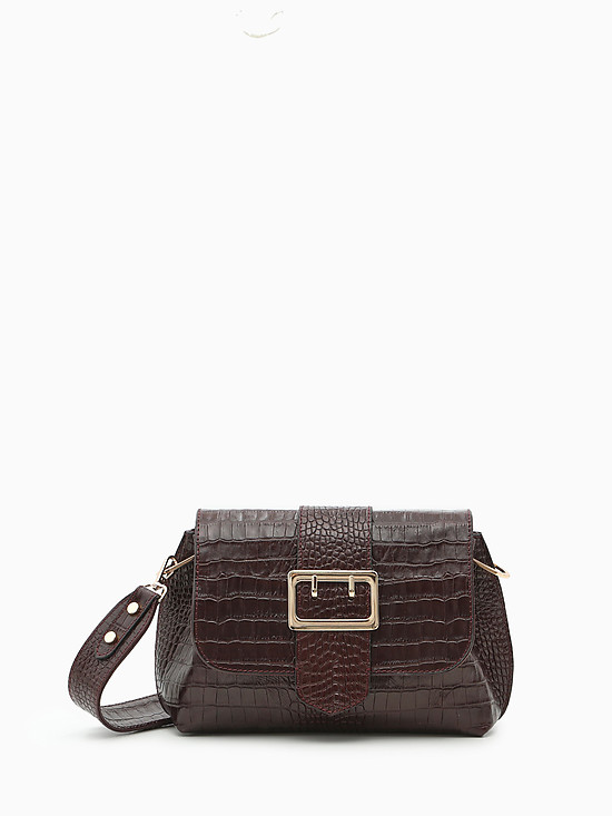 Небольшая темно-бордовая сумка-багет из кожи под крокодила с пряжкой и широким ремешком  Vanessa Scani