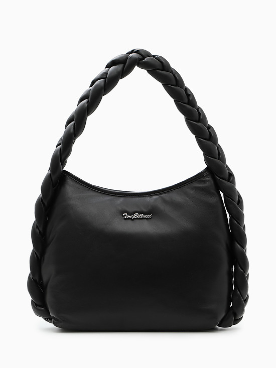 Легкая черная сумка-хобо из мягкой кожи с плетеной ручкой  Tony Bellucci