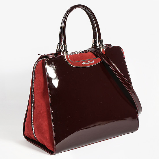 Трапециевидная сумочка бордового цвета среднего размера из лаковой кожи с замшевыми вставками  Gilda Tonelli