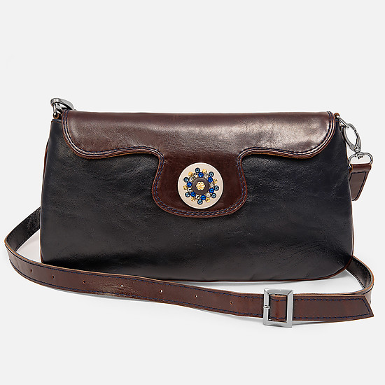 Стильная сумочка-клатч из натуральной кожи, украшенная брошью со стразами в темно-синем цвете  Balagura