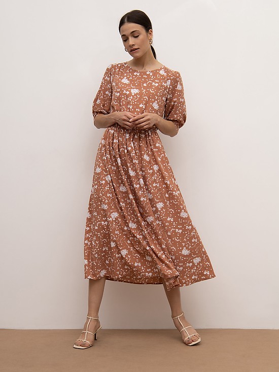 Терракотовое платье миди с цветочным принтом  EMKA