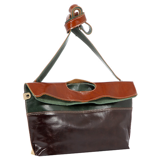 Стильная коричнево-зеленая сумка-пакет из натуральной кожи  Balagura
