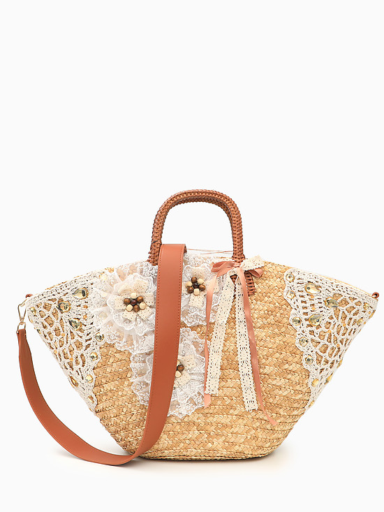 Плетеная сумка-корзинка из раффии и соломки, декорированная стразами и цветами  Alex Max