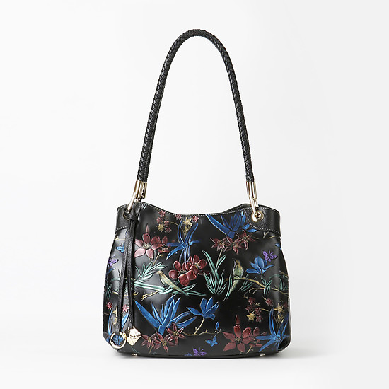 Черная кожаная сумка на плечо с объемным цветочным принтом и плетеными ручками  Alessandro Beato