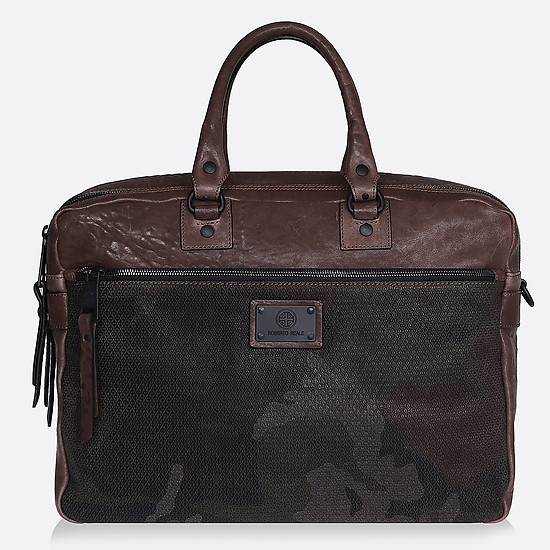 Вместительная сумка из натуральной коричневой кожи с текстильными вставками в стиле милитари  Roberto Reale