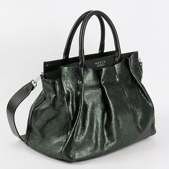 Темно-зеленая сумка из мягкой металлизированной драпированной кожи  Agata