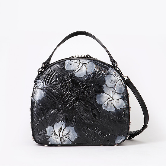 Черная сумка-боулер в сочетании кожи с цветочным тиснением и замши  Brissio