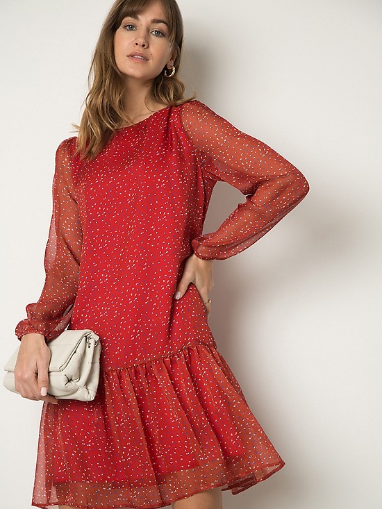 Короткое красное шифоновое платье с цветочным принтом  EMKA