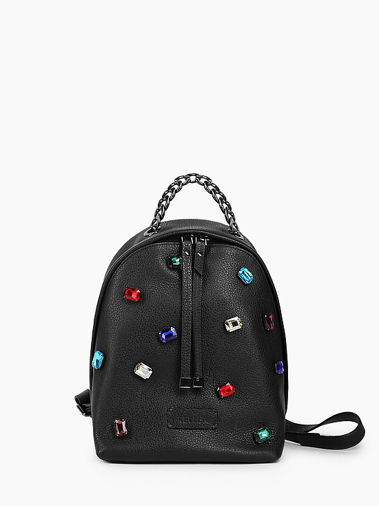 Небольшой кожаный рюкзак черного цвета с крупными разноцветными стразами  KELLEN