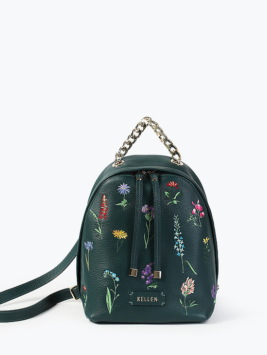 Небольшой кожаный рюкзак темно-зеленого цвета с цветочной вышивкой и ручкой-цепочкой  KELLEN