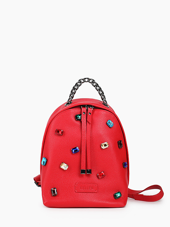 Небольшой кожаный рюкзак красного цвета с крупными разноцветными стразами  KELLEN