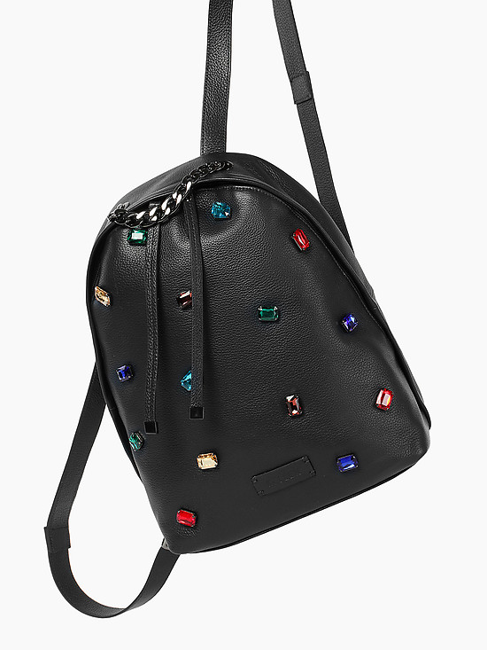 Рюкзак из мягкой черной кожи с разноцветными стразами  KELLEN
