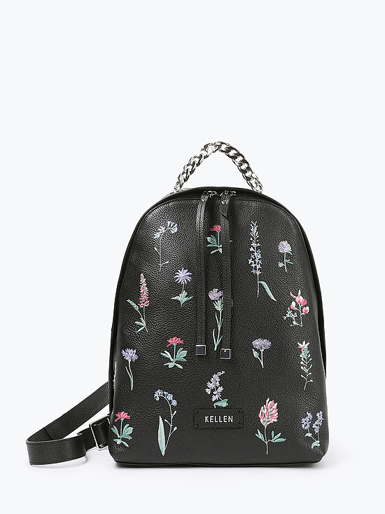 Рюкзак из мягкой черной кожи с цветочной вышивкой  KELLEN