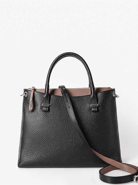 Черная кожаная сумка в деловом стиле со вставкой оттенка капучино  KELLEN