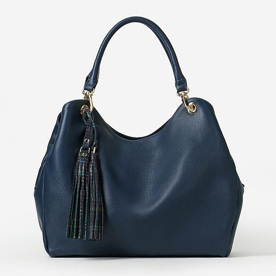 Вместительная мягкая сумка-тоут синего цвета среднего размера из натуральной кожи  KELLEN