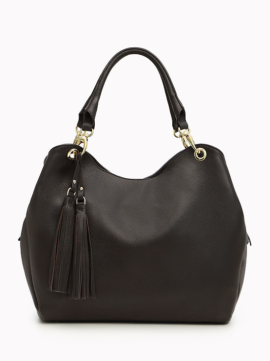 Темно-коричневая сумка-тоут среднего размера из мягкой кожи с декоративными кисточками  KELLEN