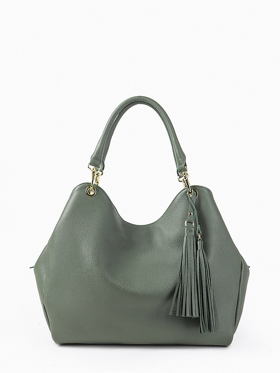 Оливковая сумка-тоут среднего размера из мягкой кожи с декоративными кисточками  KELLEN