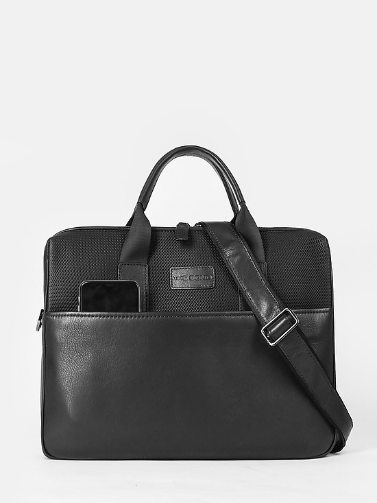 Черная кожаная деловая сумка с плетеным декором  Bond