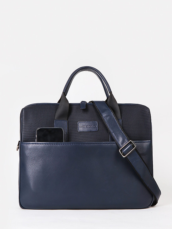 Синяя кожаная деловая сумка с плетеным декором  Bond