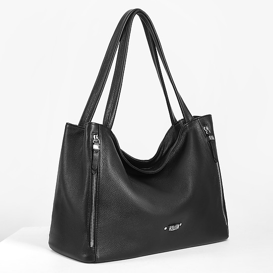 Вместительная черная сумка из мягкой кожи с боковыми карманами  KELLEN