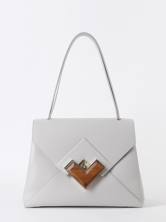 Дымчато-белая трапециевидная сумка на плечо из плотной телячьей кожи  Gironacci