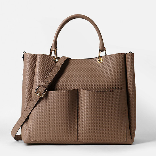 Вместительная сумка-тоут из светло-коричневой кожи с имитацией плетения  Gianni Notaro