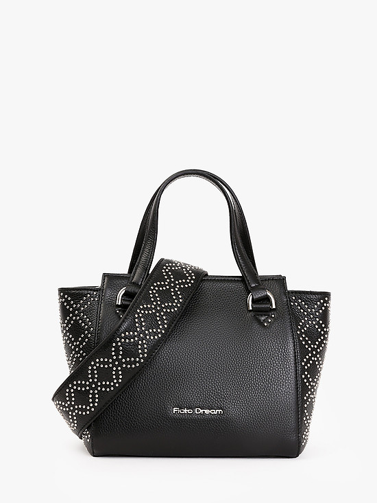 Черная кожаная сумка-тоут трапеция с красивым широким ремнем  Fiato Dream