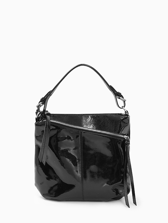 Лаковая черная сумка-хобо из натуральной кожи с дополнительным отстегивающимся ремешком  KELLEN