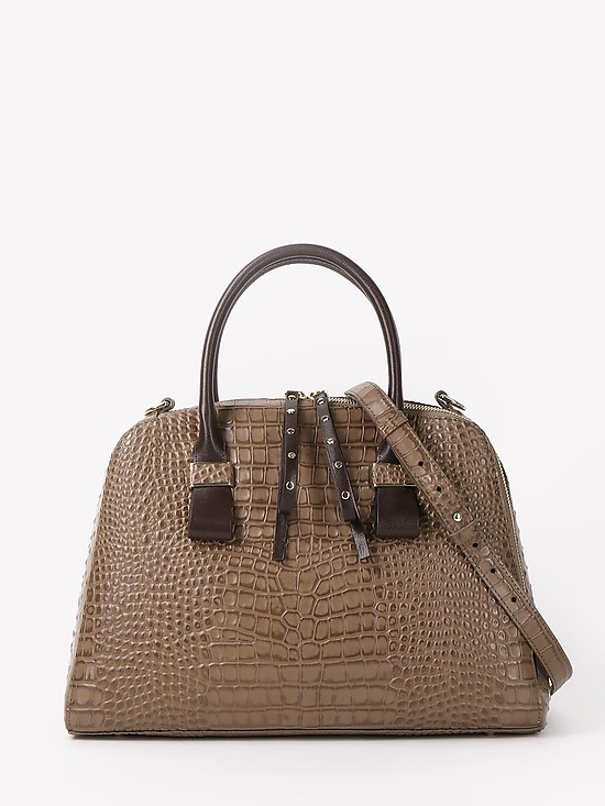Комбинированная сумка-тоут из кожи под крокодила и страуса оттенка капучино с коричневыми ручками  KELLEN