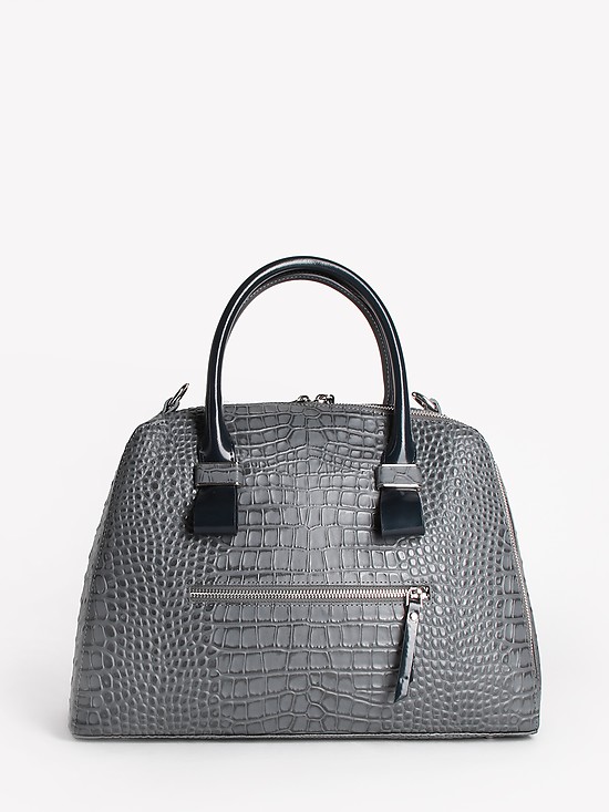 Серая комбинированная сумка-тоут из кожи под крокодила и страуса с черными ручками  KELLEN
