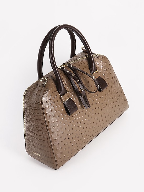 Комбинированная сумка-тоут из кожи под страуса и крокодила в оттенке капучино с коричневыми ручками  KELLEN