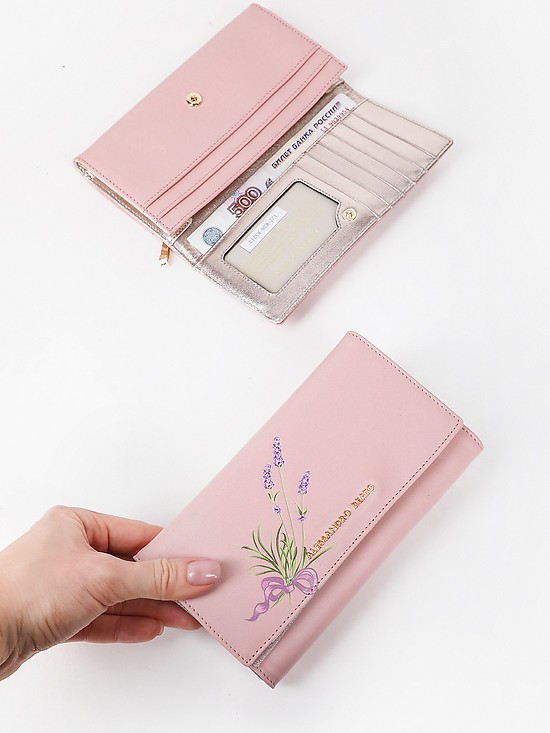 Пастельно-розовый кожаный бумажник с принтом лаванды на кнопке  Alessandro Beato