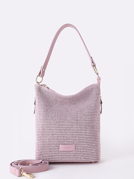 Пастельно-розовая сумка на плечо из мягкой кожи и плетеной соломки рафии  KELLEN