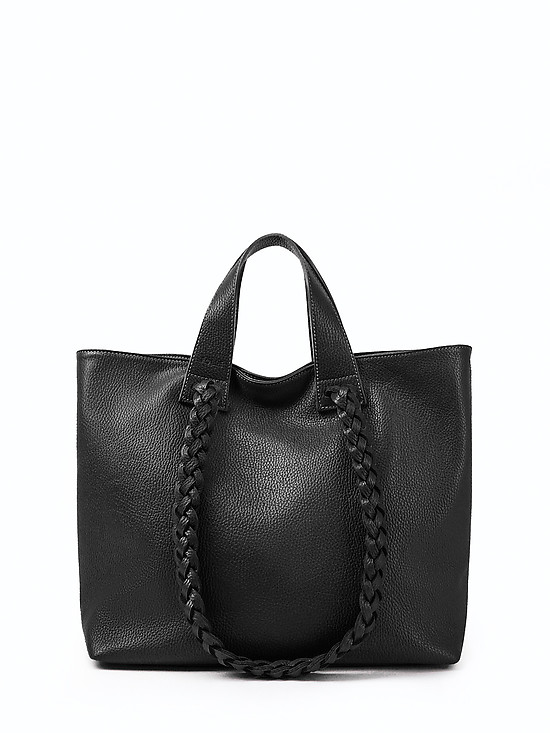 Черная сумка-тоут из мягкой кожи с плетеными ручками  Folle